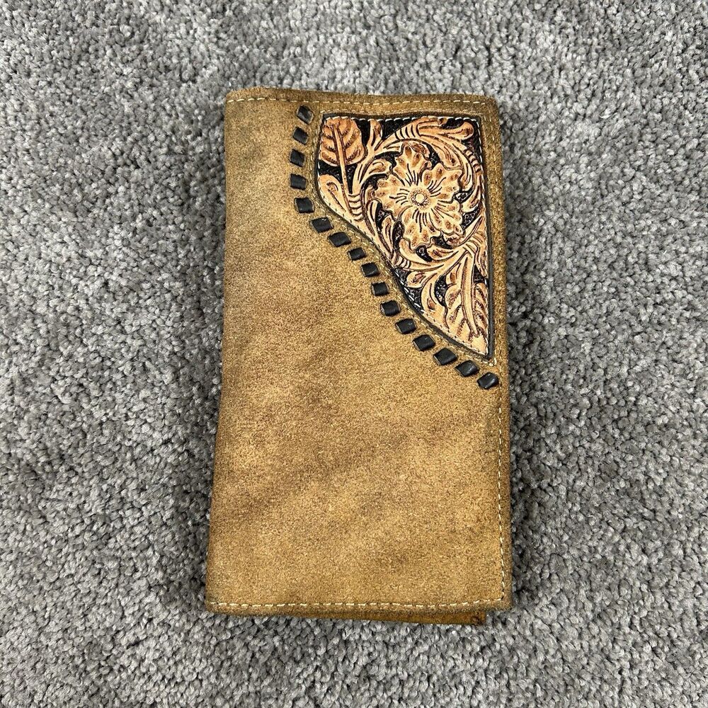 Ariat Mens Brown Leather Rodeo Western Floral Tooled Design Tall Wallet Used